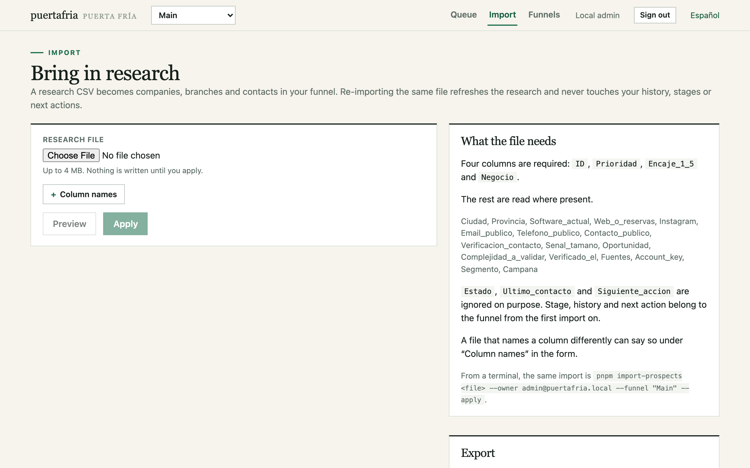 The import screen: on the left the CSV file picker with the preview and apply buttons, on the right the columns the file needs and, below, the start of the export panel.