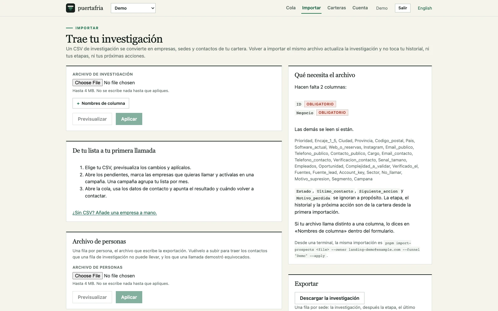 Pantalla de importar: selector de CSV, botones de previsualizar y aplicar, guía hasta la primera llamada, columnas requeridas y opciones de exportación.